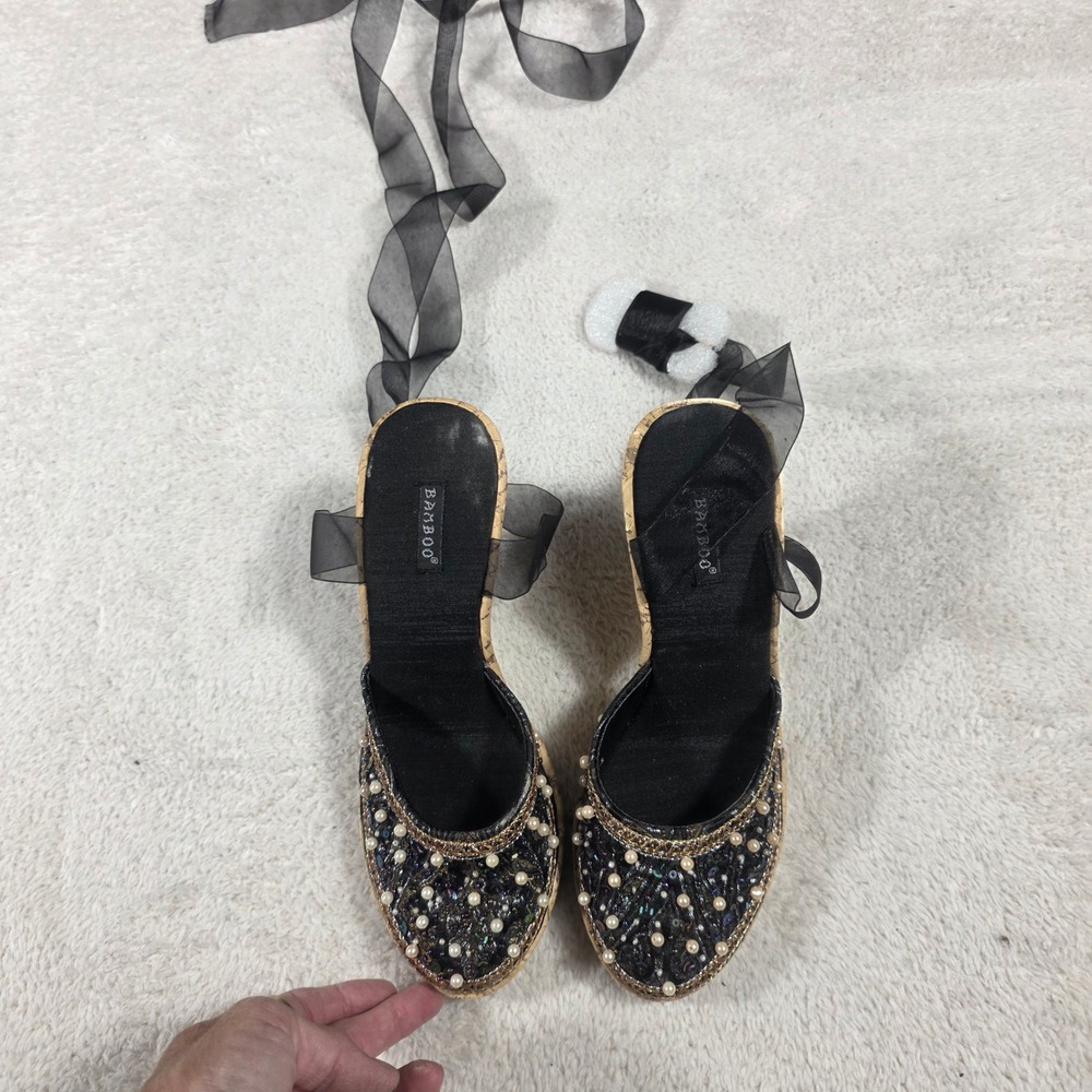 Bamboo Wedge Sandals Women 7 Black Good Pearl Beaded Ribbon Tie HAI-14 Boho Cork